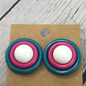5/$25 Retro 80’s circle button teal pink white chunky statement earrings